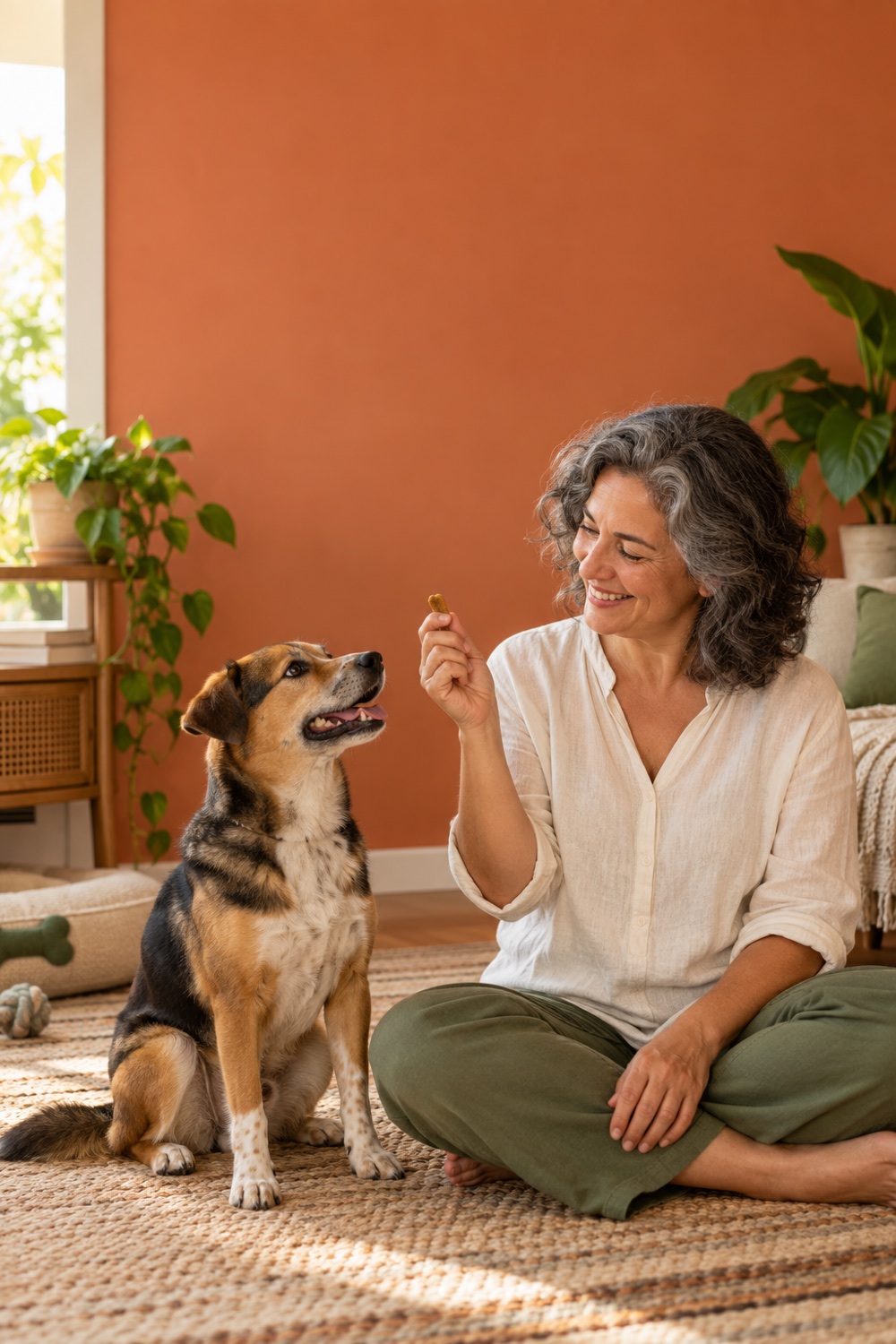 Tutor treinando um cão atento com petisco e linguagem corporal calma em casa